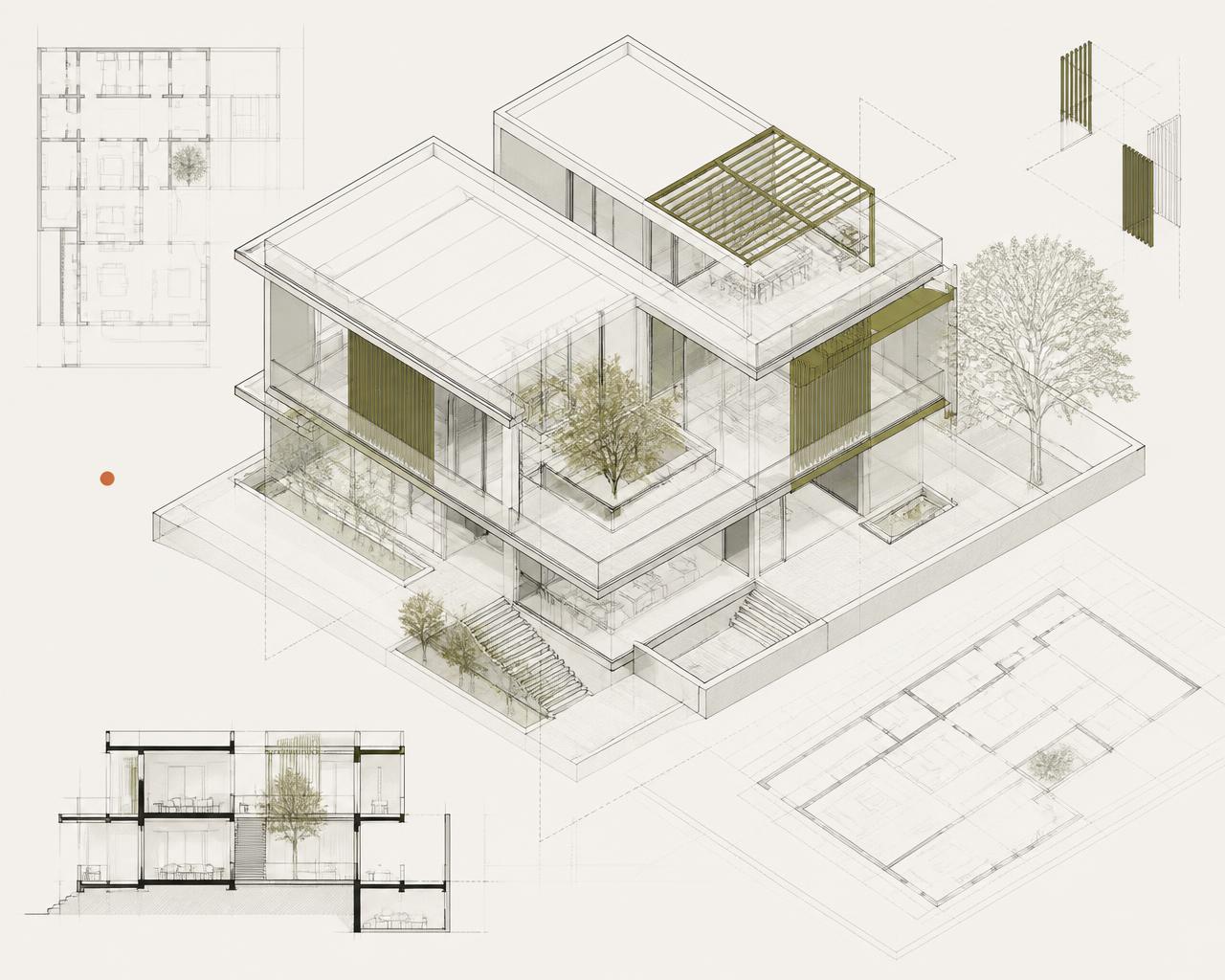 Layered architectural BIM composition combining model geometry, plan and section linework
